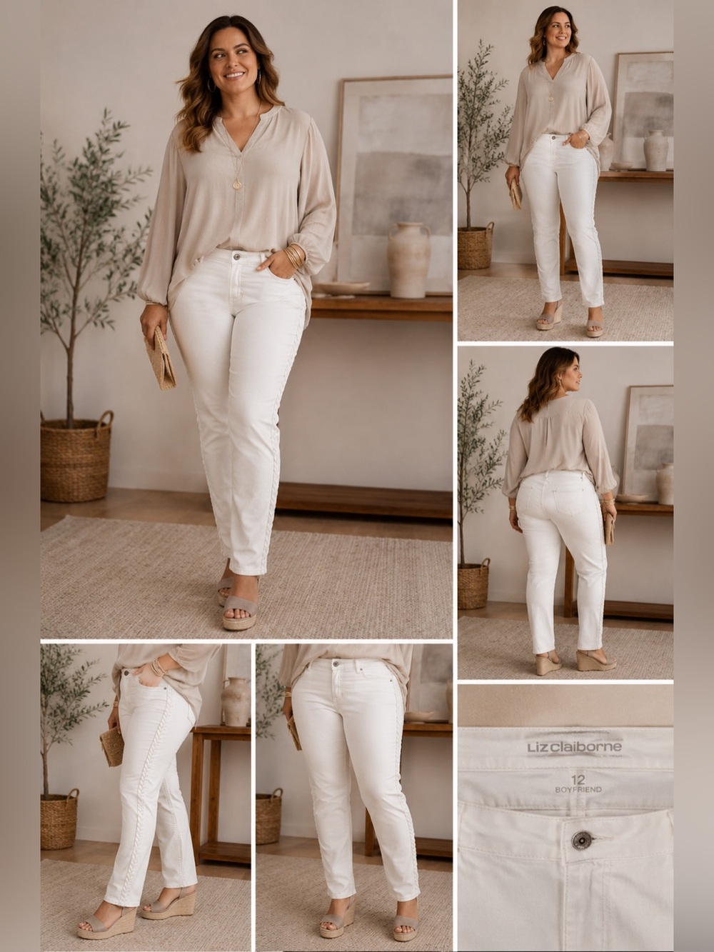Liz Claiborne White Boyfriend Skinny Jeans‎ Size 12 Braided Side Detail *